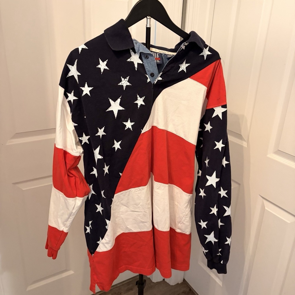 Vintage 90s Time AM USA American Flag Rugby XL‎ Long Sleeves Bold Patriotic READ